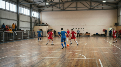 Игроки в спортивном зале во время матча по мини-футболу в Мурманске 