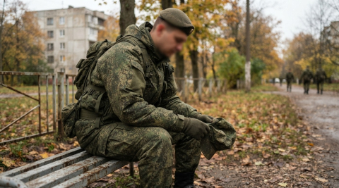 Военнослужащий в камуфляже сидит и держит в руках полевую кепку 