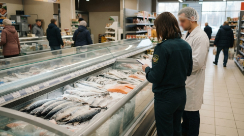 Прилавок с мороженой рыбой в магазине Калининграда во время проверки 