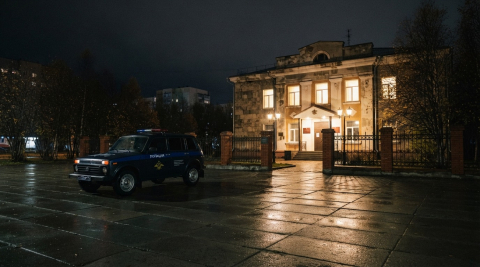 Полицейский внедорожник ночью у ограды освещённого здания на пустой площади 