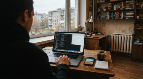 Человек пользуется ноутбуком и смартфоном дома в Мурманской области 