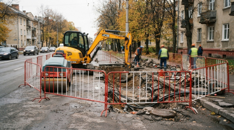 Дорожная техника у ограждений на городской улице во время ремонта 