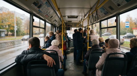 Салон рейсового автобуса с пассажирами в Калининградской области 