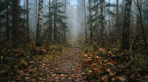 Лесная тропинка на рассвете и лёгкий туман между деревьями в Екатеринбурге 