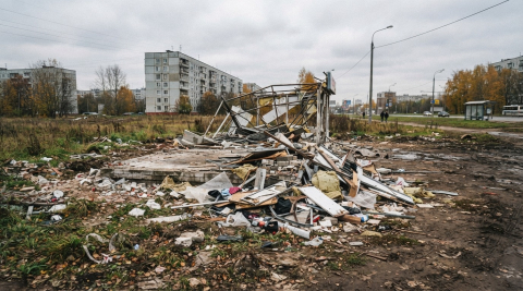 Снесенный торговый павильон на пустыре в Домодедове Московской области 