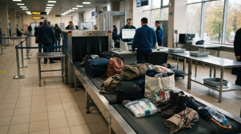Сумки и товары на таможенном досмотре в аэропорту Калининграда 