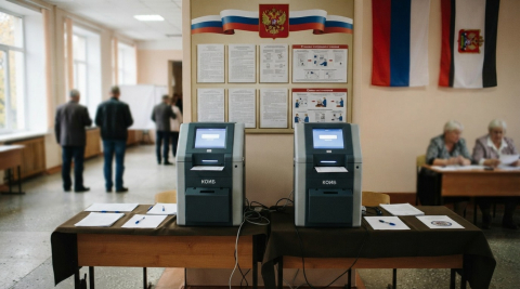 Два электронных сканера бюллетеней на участке, за ними стенд с инструкцией и флаги 