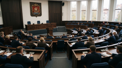 Круглый зал заседаний сенаторов с гербом над президиумом и рядами депутатских мест 