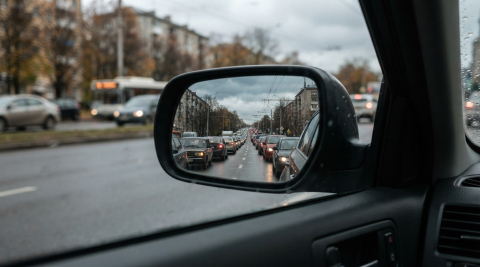 В боковом зеркале машины отражается длинная пробка из стоящих автомобилей 