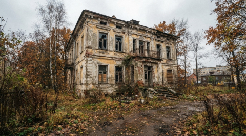 Старинное заброшенное здание с облупившимся фасадом в пригороде Петербурга 