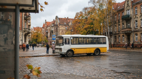 Бело-жёлтый автобус на площади старого купеческого городка у нарядных домов 