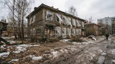 Старый двухэтажный барак под снос, окна и стены затянуты плёнкой, рядом тающий снег 