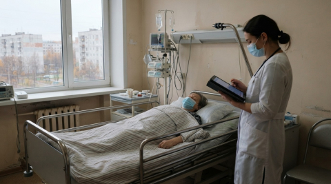 Пациент в маске лежит на больничной койке, рядом врач в белом халате с планшетом 