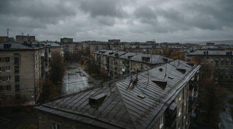 Пасмурное небо над мокрыми после дождя крышами тихого жилого квартала в Мурманске 