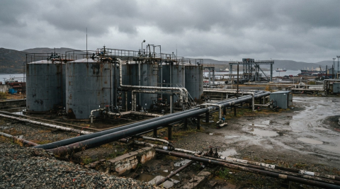 Нефтяные резервуары и трубопровод на фоне пасмурного неба, тема дефицита топлива 