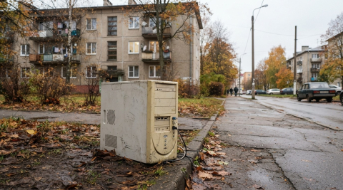 Старый системный блок компьютера на улице у жилого дома, общий план к региональной новости 