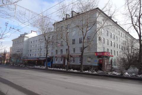 Длинный дом за голыми деревьями вдоль проспекта Ленина в Мурманске весной 
