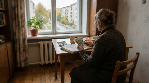Женщина за столом у окна пересчитывает деньги и записывает расходы в тетрадь 