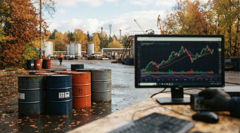 баррели с нефтью и биржевой график котировок на экране, общий план к региональной новости 