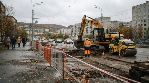 Дорожная техника у ограждений на городской улице во время ремонта 