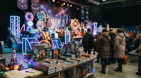 книги фантастов и футуристичные декорации на сцене фестиваля в Екатеринбурге 