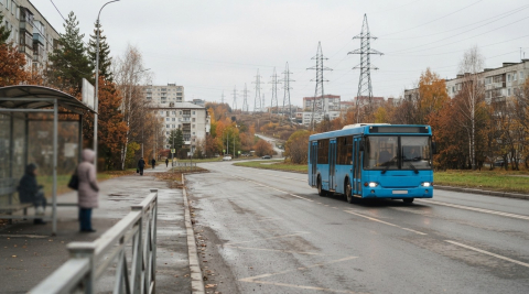 Синий пригородный автобус отъезжает от остановки, вдали опоры линии электропередачи 