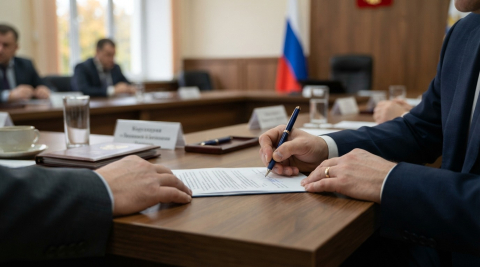 Руки подписывают документ ручкой на столе во время официальной встречи 