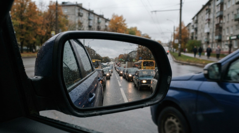 В боковом зеркале машины отражается длинная пробка из стоящих автомобилей 