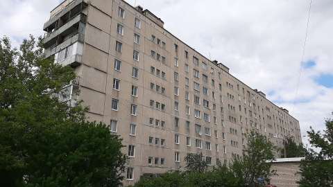 Серая панельная девятиэтажка с остеклёнными балконами за кустами в облачный день 