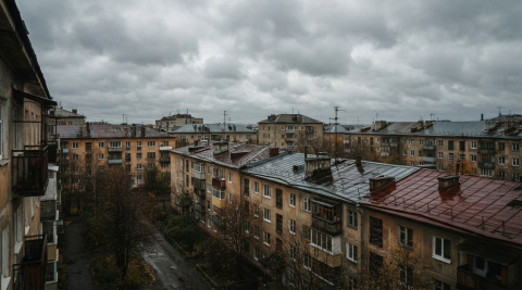 Пасмурное небо над мокрыми после дождя крышами тихого жилого квартала в Мурманске 