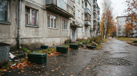 расставленные приманки от грызунов во дворе жилого дома в Мурманске 