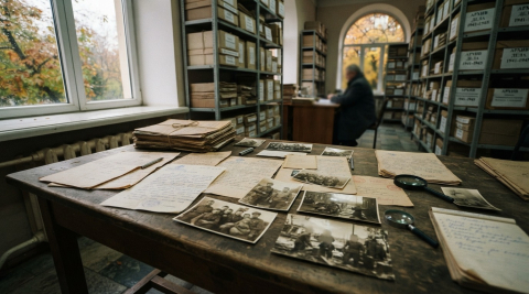 архивные документы и фотографии времён войны на столе в здании суда Калининграда 