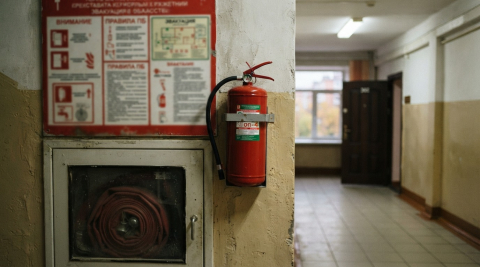 Огнетушитель на фоне стенда с противопожарным оборудованием в Мурманской области 