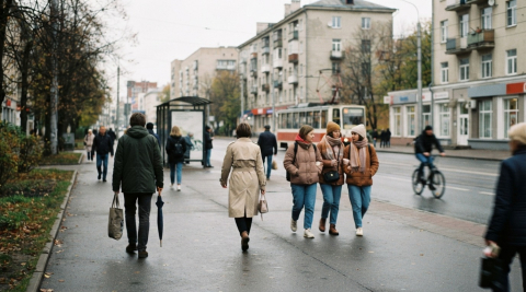 Прохожие на улице в центре Калининграда 