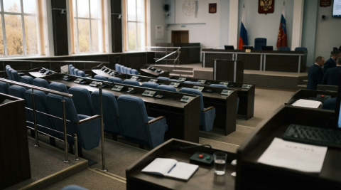 Зал заседаний регионального парламента с рядами депутатских кресел в Мурманске 