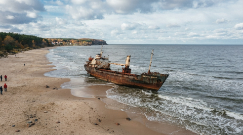 Бирюзовое озеро на месте янтарного карьера и море вдали, Янтарный 
