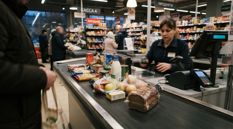 Кассовая зона продуктового магазина с товарами на ленте в Мурманске 