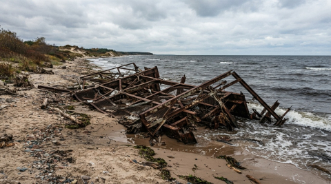 обломки металлической платформы на берегу Балтийского моря в Калининградской области 