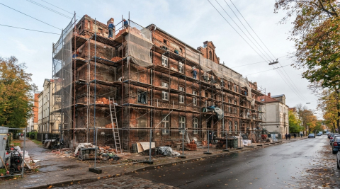 Разрытый двор старых кирпичных домов на улице Карла Маркса в Черняховске весной 