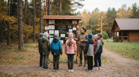Вожатая с детьми у отрядного стенда в летнем лагере, общий план к региональной новости 