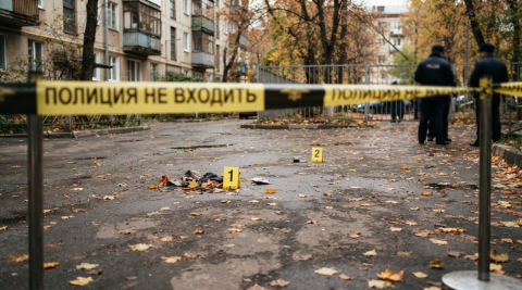 Жёлтые номерки улик на асфальте во дворе за лентой ограждения 