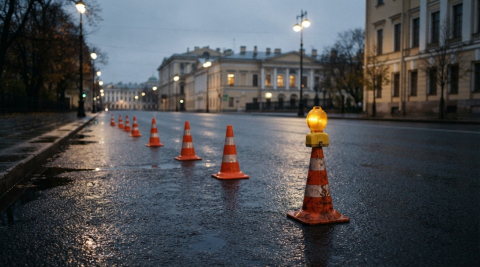 Дорожные конусы и мигающий жёлтый фонарь на мокром асфальте пустой вечерней улицы в Петербурге 