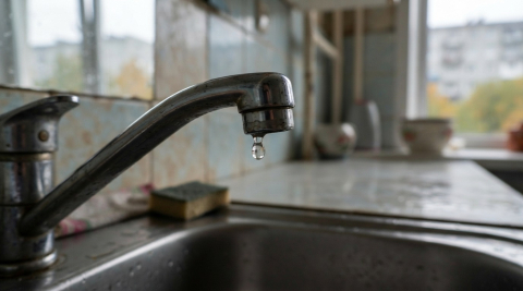 Последняя капля висит на носике хромированного крана на размытом фоне 