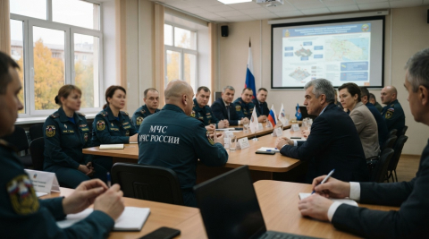 спасатели МЧС и иностранная делегация на встрече в зале с экраном для презентаций 