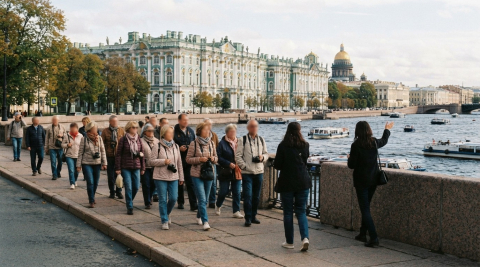 Туристы на экскурсии у набережной в историческом центре Петербурга 