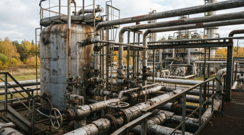 цистерны и трубопроводы на нефтеперерабатывающем заводе крупным планом 