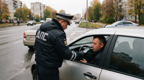 Инспектор с алкотестером проверяет водителя, который сидит за рулём легкового автомобиля 