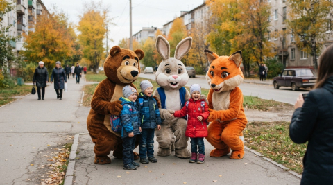 люди в костюмах мультяшных животных фотографируются с детьми на улице Екатеринбурга 