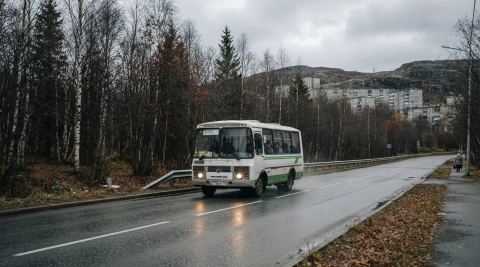 Небольшой бело-зелёный автобус едет по дороге вдоль голого весеннего парка 
