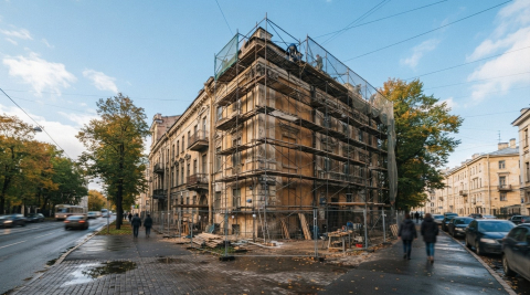 Строительные леса вдоль фасада здания на ремонте под голубым небом 